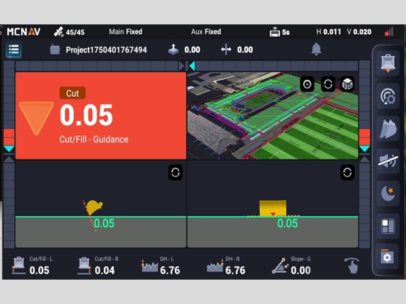 Software CHCNAV MCNAV que apresenta dados de orientação de corte e enchimento para a operação de escavadoras