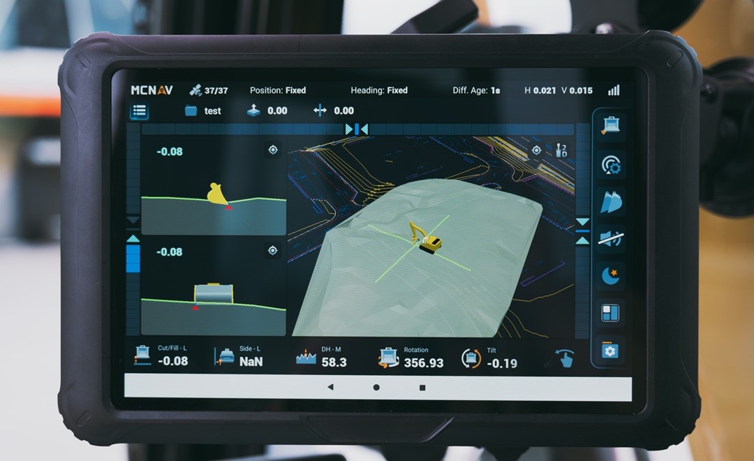 CHCNAV TX73 3D Guidance display installed in the excavator cabin.