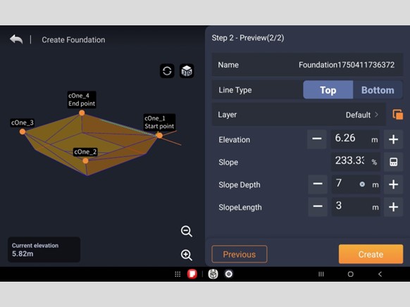 Software CHCNAV MCNAV que apresenta dados de orientação de corte e enchimento para a operação de escavadoras